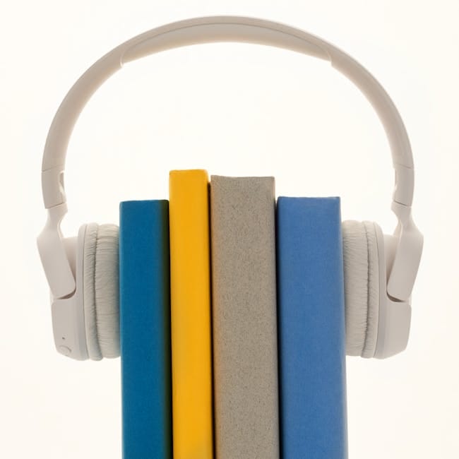 Creative concept of books wearing headphones, symbolizing audiobooks or learning.